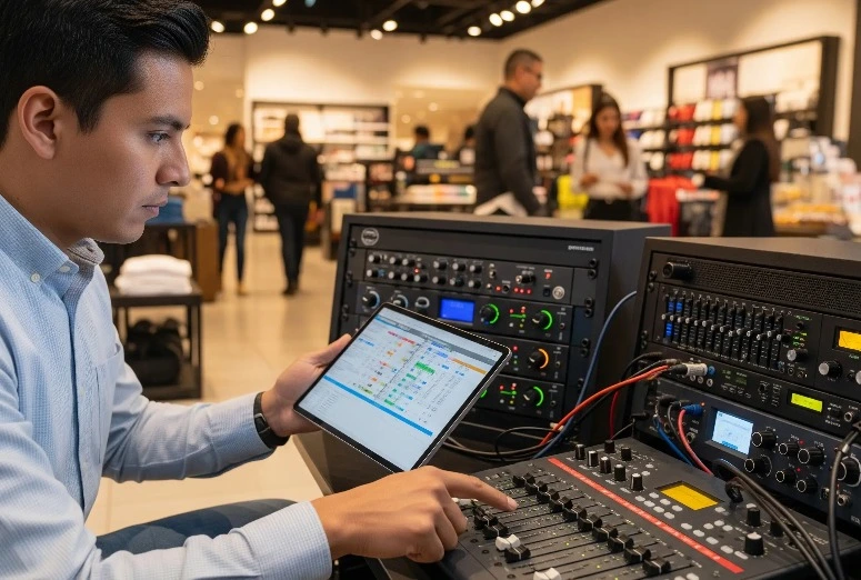 Especialista configurando consola de audio profesional y racks de sonido en Smart Depot Mexicali.
