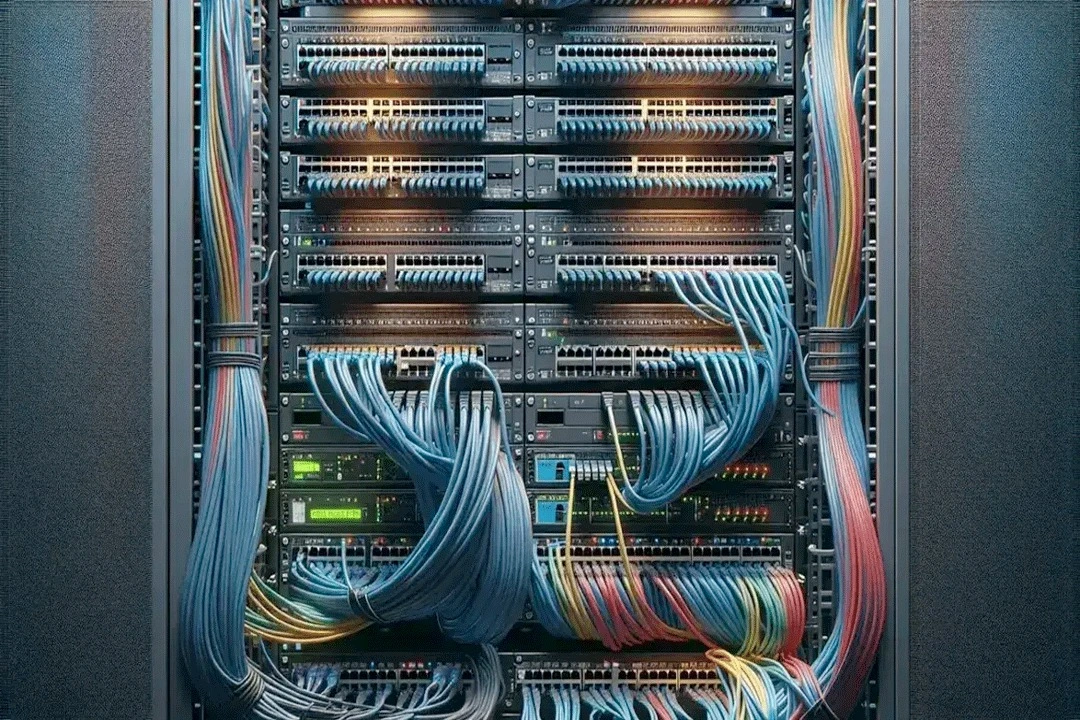 Rack de telecomunicaciones con cableado estructurado organizado para redes de voz y datos empresariales en Mexicali.